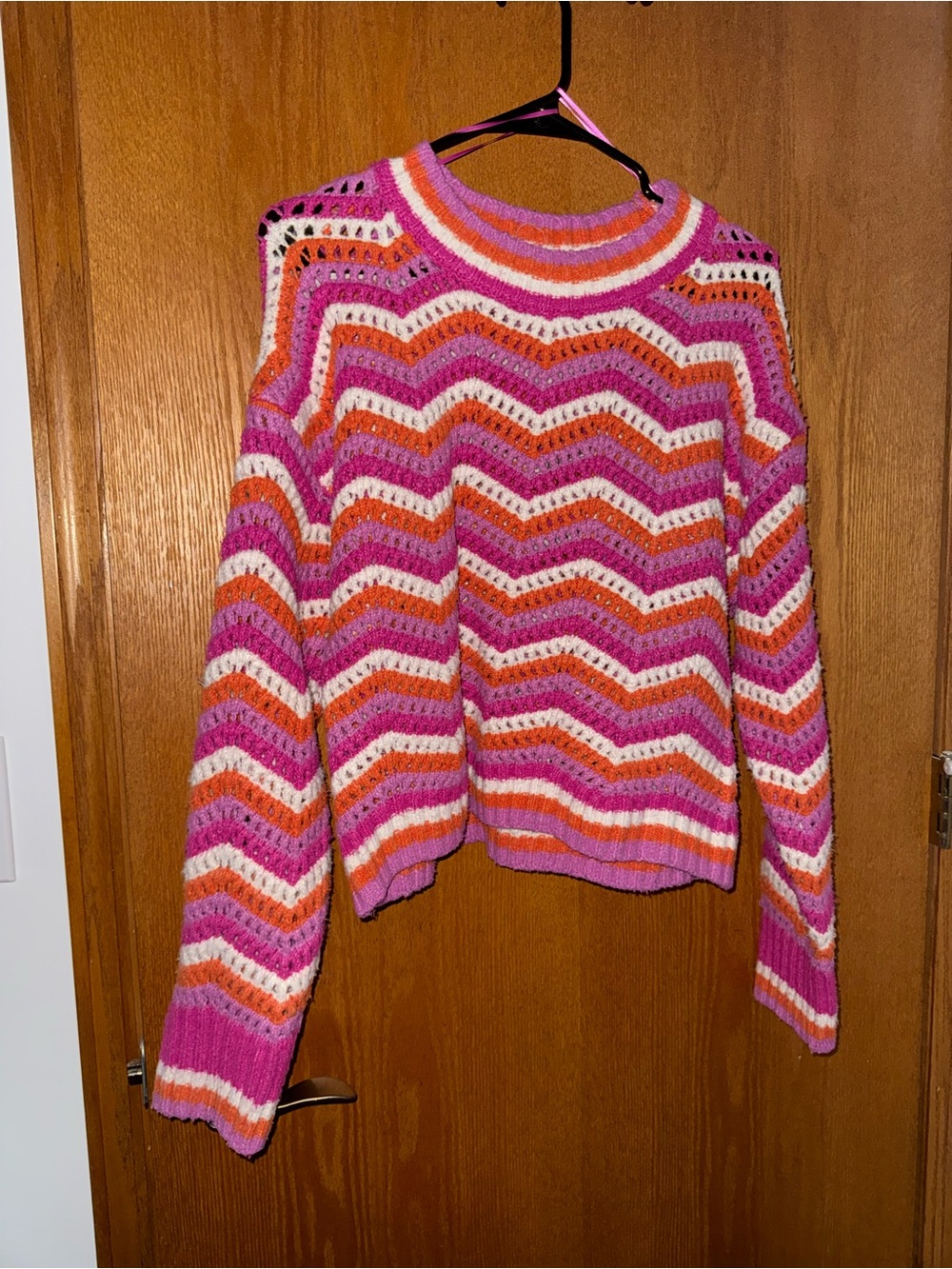 Striped Chevron Open-Knit Sweater in Pink & Orange